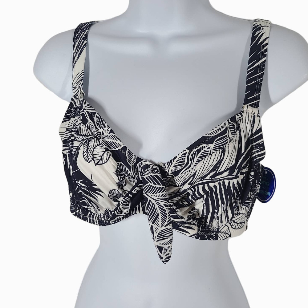 Ashley Graham x SwimSuitsForAll NEW Top Back Hook Tropical Navy White 60